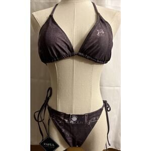 ZAFUL Bikini Denim Print Halter Neck Two Piece Sexy Open Back Triangle Brown S